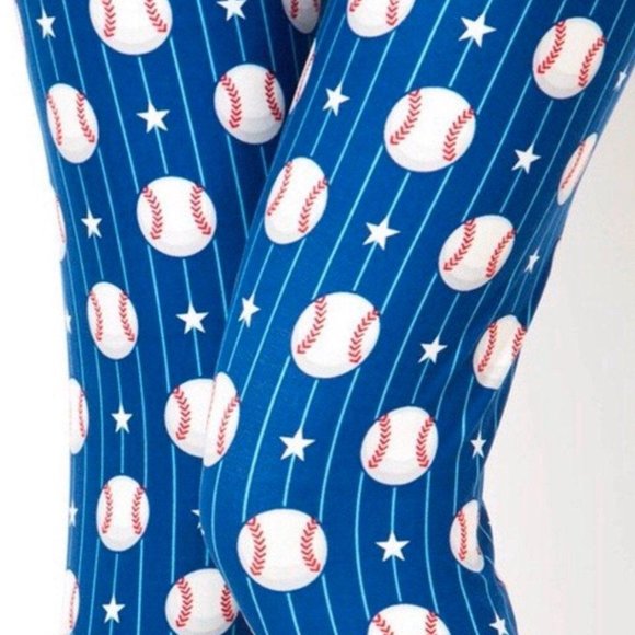 ⭐SALE⭐NEW Womens Capri Baseball Star Printed Leggings Blue/White - Picture 2 of 6